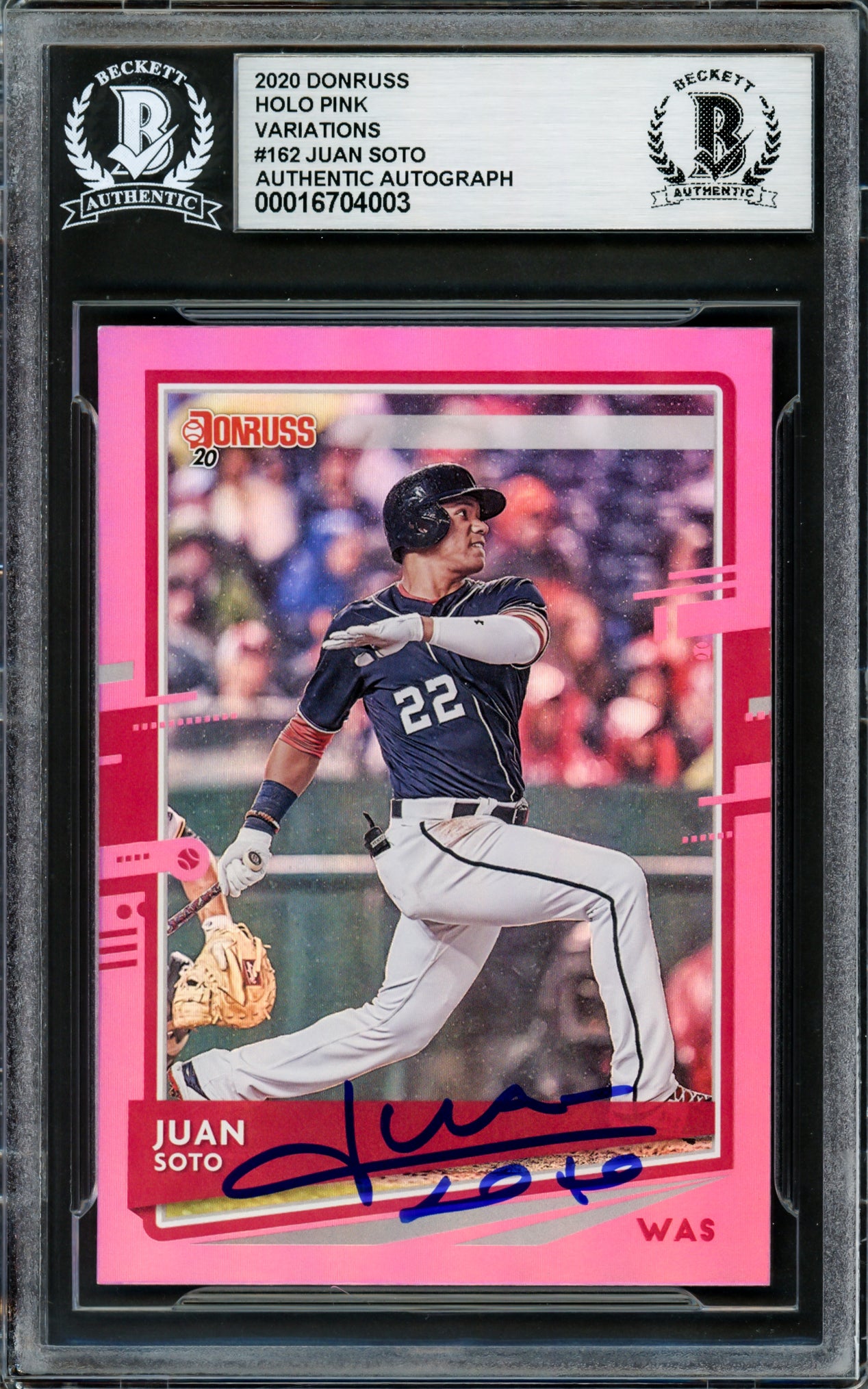 Juan Soto Autographed 2020 Donruss Holo Pink Card #162 New York Mets Beckett BAS #16704003