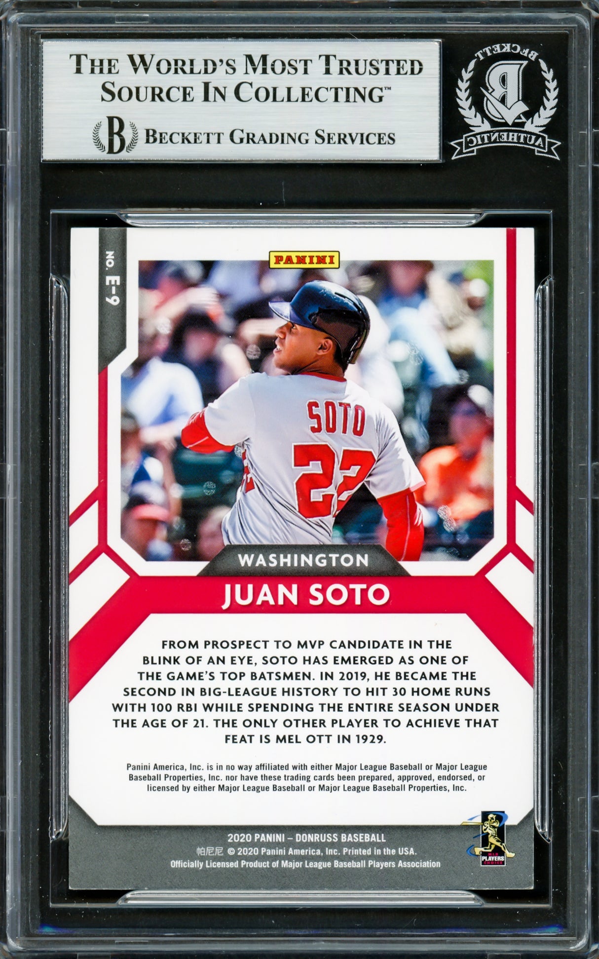 Juan Soto Autographed 2020 Donruss Elite Series Card #E9 New York Mets Beckett BAS #16704015
