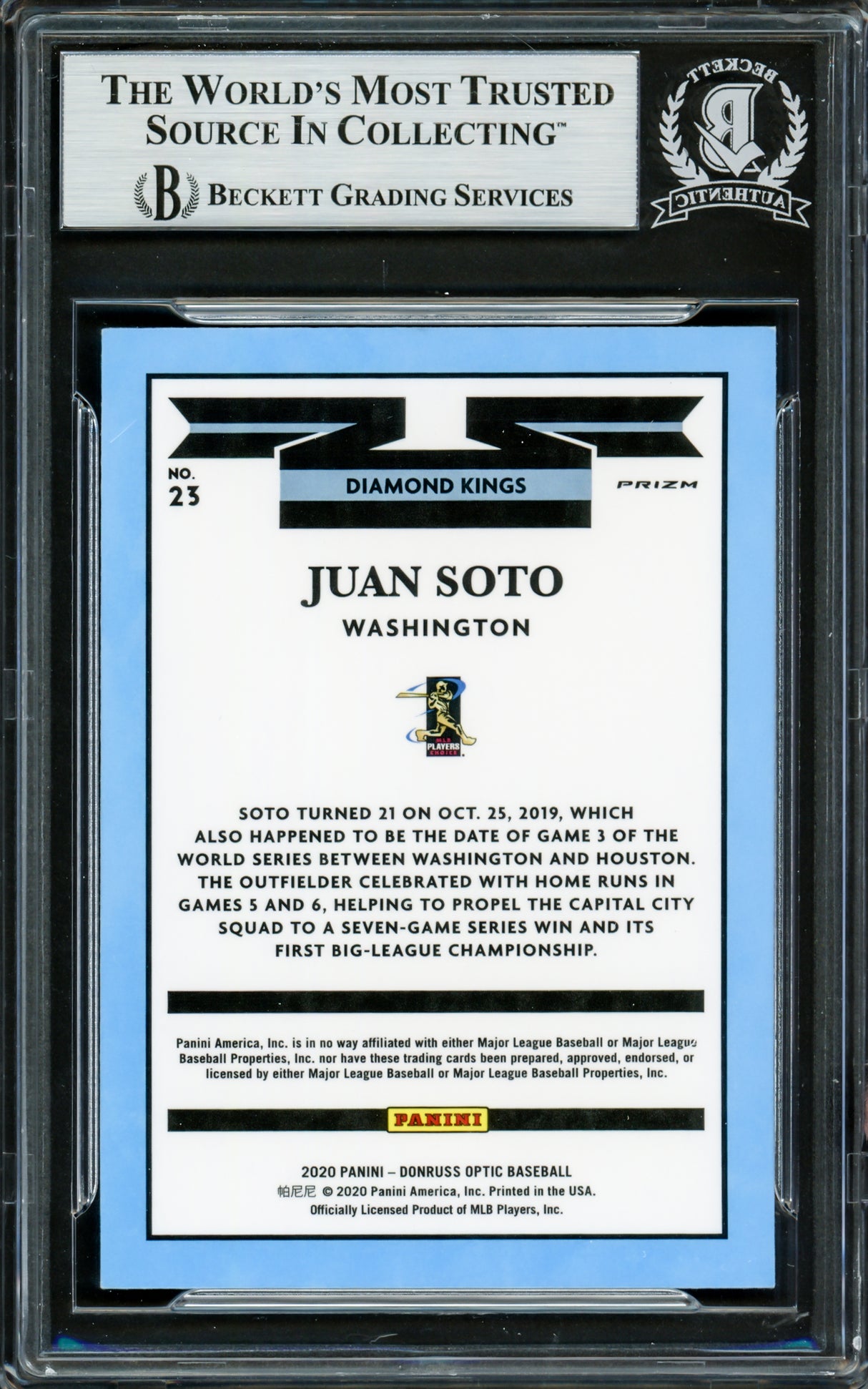 Juan Soto Autographed 2020 Donruss Optic Diamond Kings Blue & White Prizm Card #23 New York Mets Beckett BAS #16704127