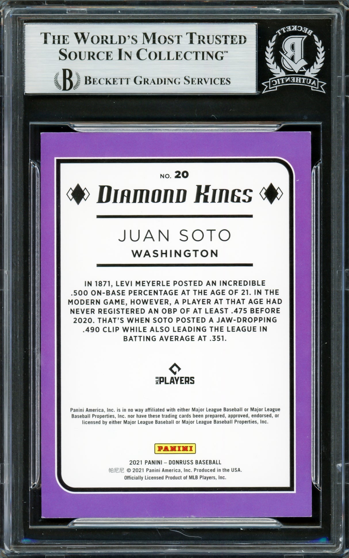 Juan Soto Autographed 2021 Donruss Diamond Kings Card #20 New York Mets Beckett BAS #16704309