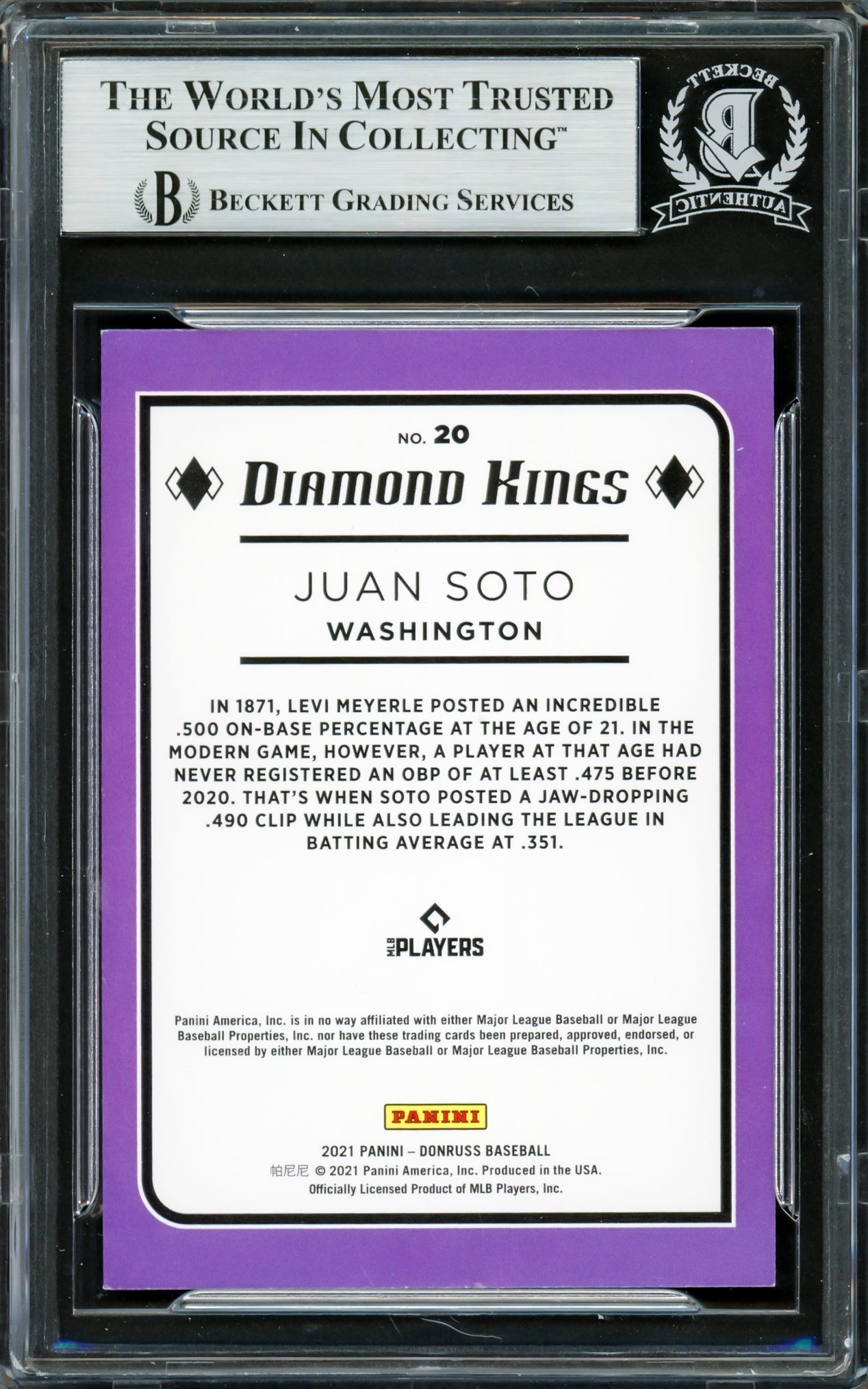 Juan Soto Autographed 2021 Donruss Diamond Kings Card #20 New York Yankees Beckett BAS #16704309
