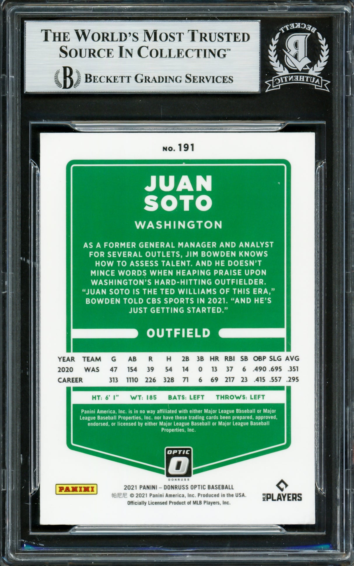 Juan Soto Autographed 2021 Donruss Optic Card #191 New York Mets Beckett BAS #16704318
