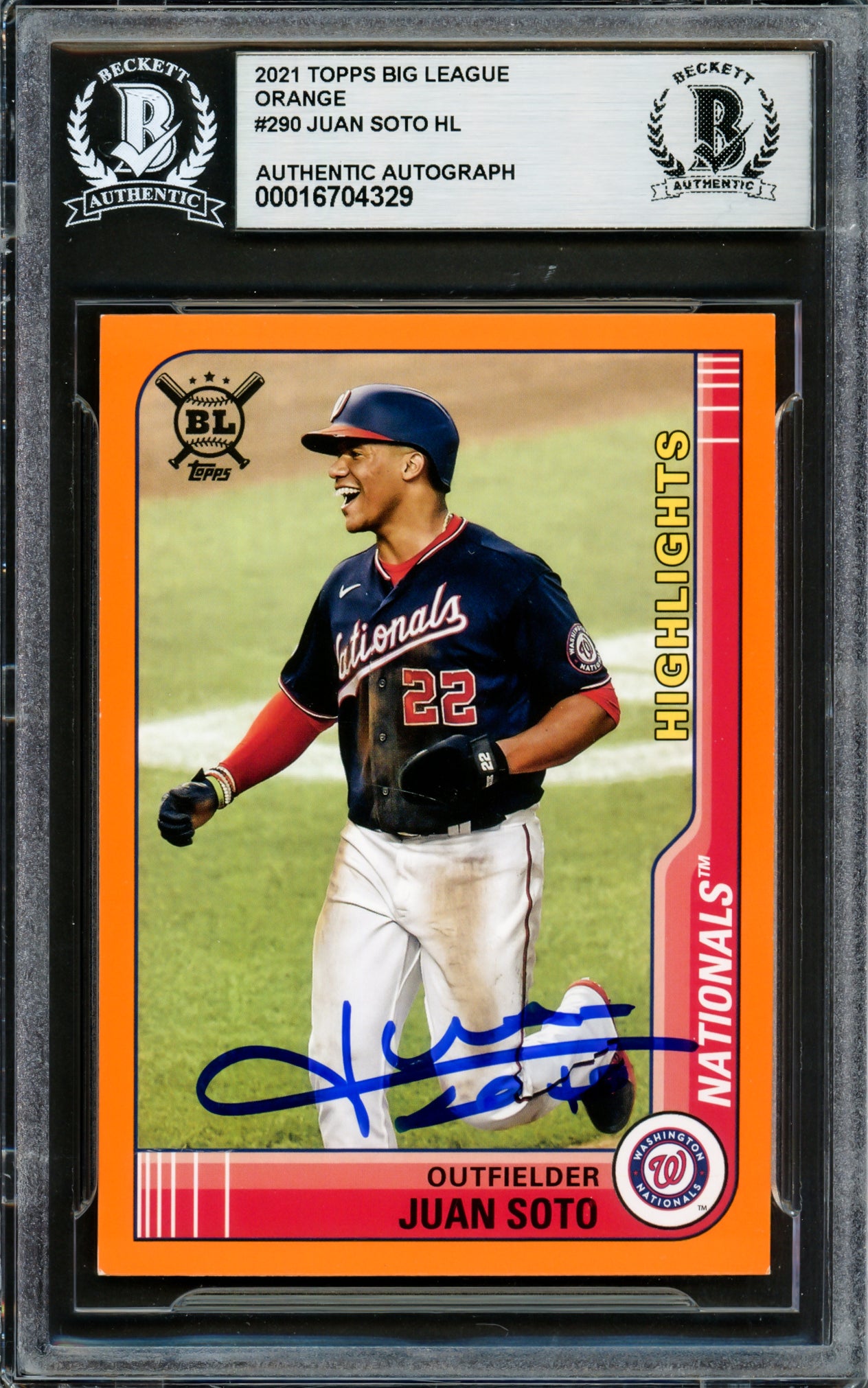 Juan Soto Autographed 2021 Topps Big League Orange Card #290 New York Yankees Beckett BAS #16704329