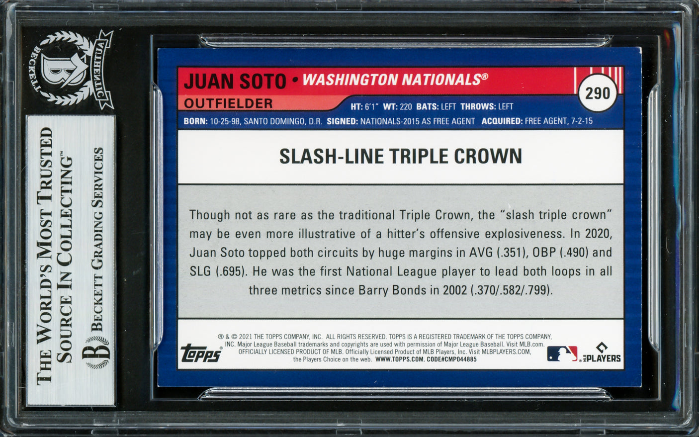 Juan Soto Autographed 2021 Topps Big League Orange Card #290 New York Yankees Beckett BAS #16704329