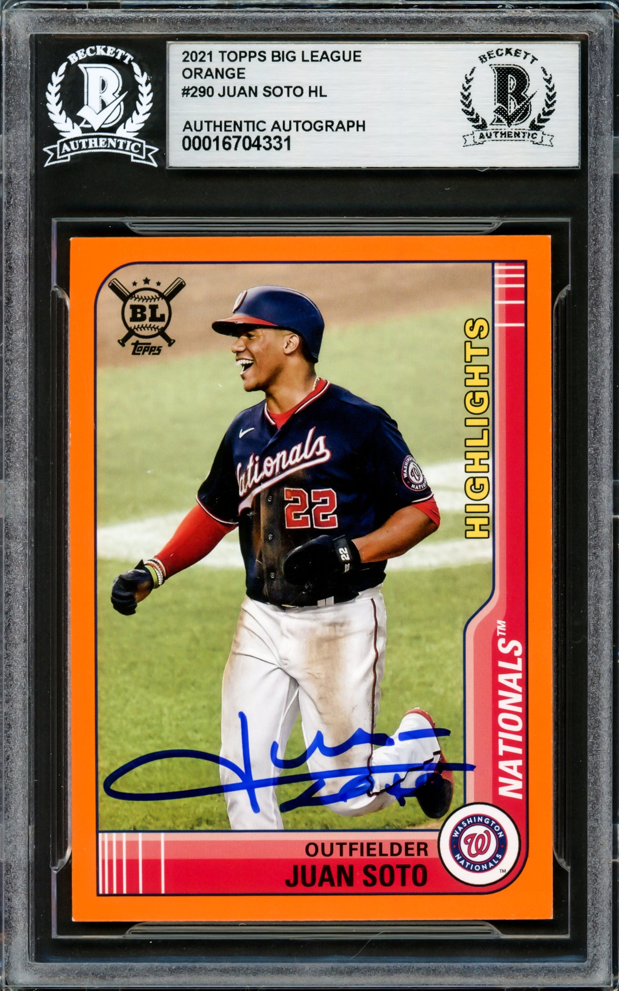 Juan Soto Autographed 2021 Topps Big League Orange Card #290 New York Yankees Beckett BAS #16704331