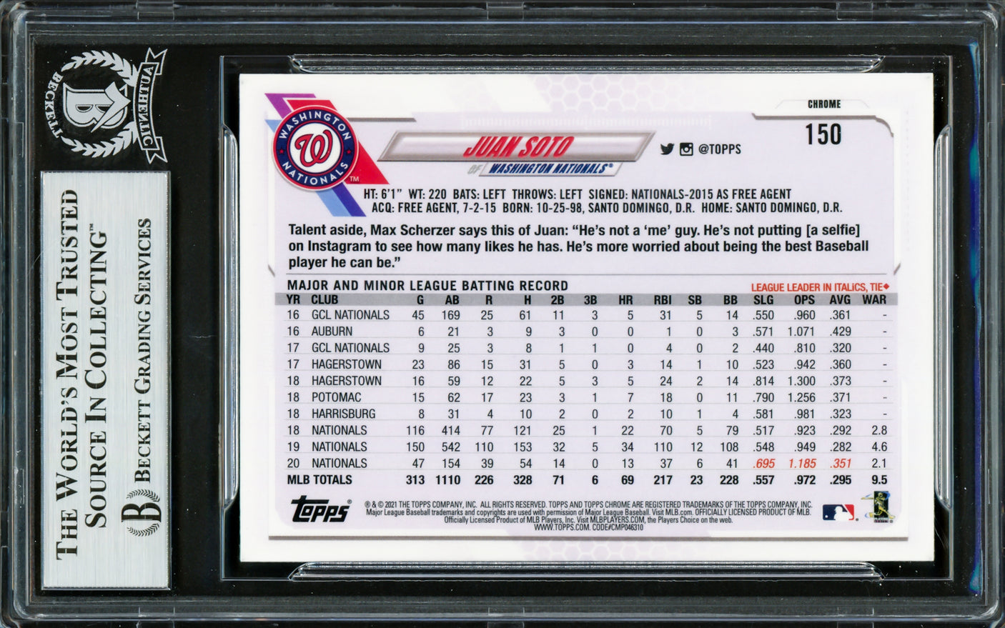 Juan Soto Autographed 2021 Topps Chrome Card #150 New York Yankees Beckett BAS #16704372