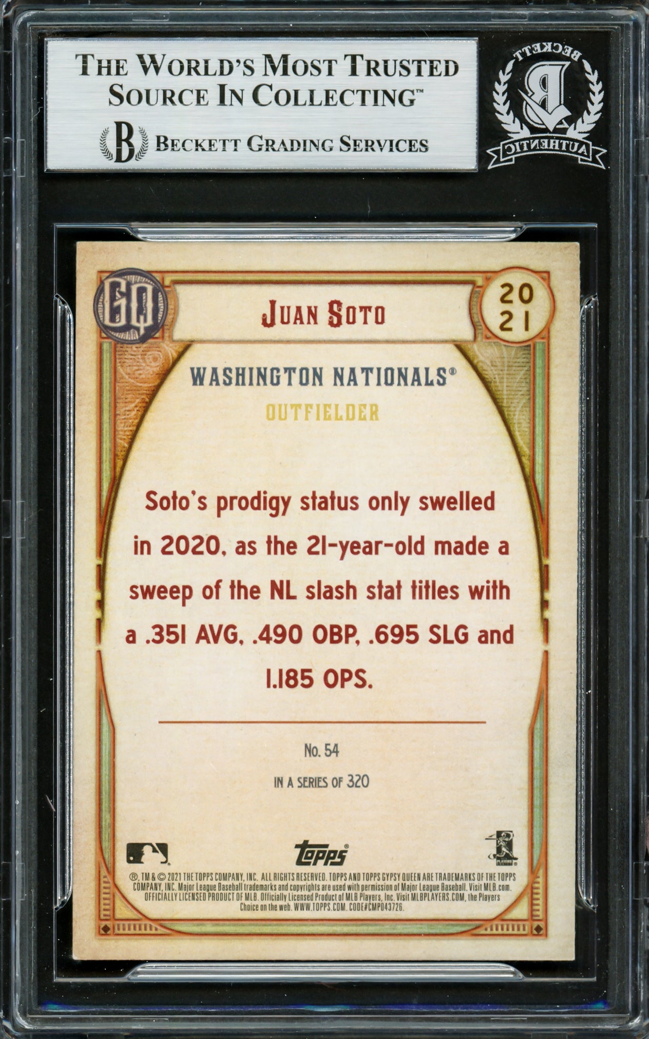 Juan Soto Autographed 2021 Topps Gypsy Queen Card #54 New York Yankees Beckett BAS #16704381