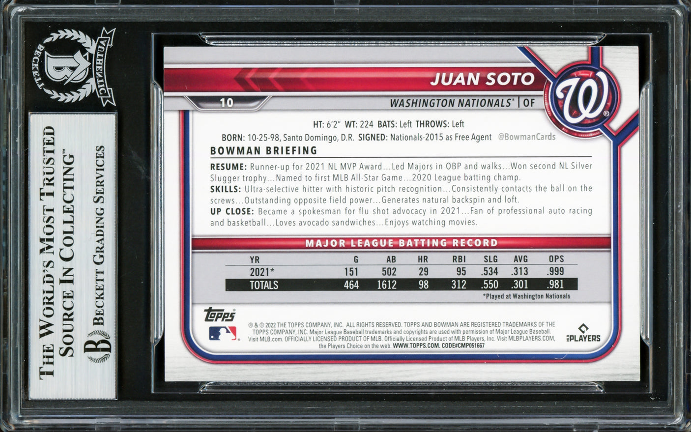Juan Soto Autographed 2022 Bowman Card #10 New York Yankees Beckett BAS #16704818