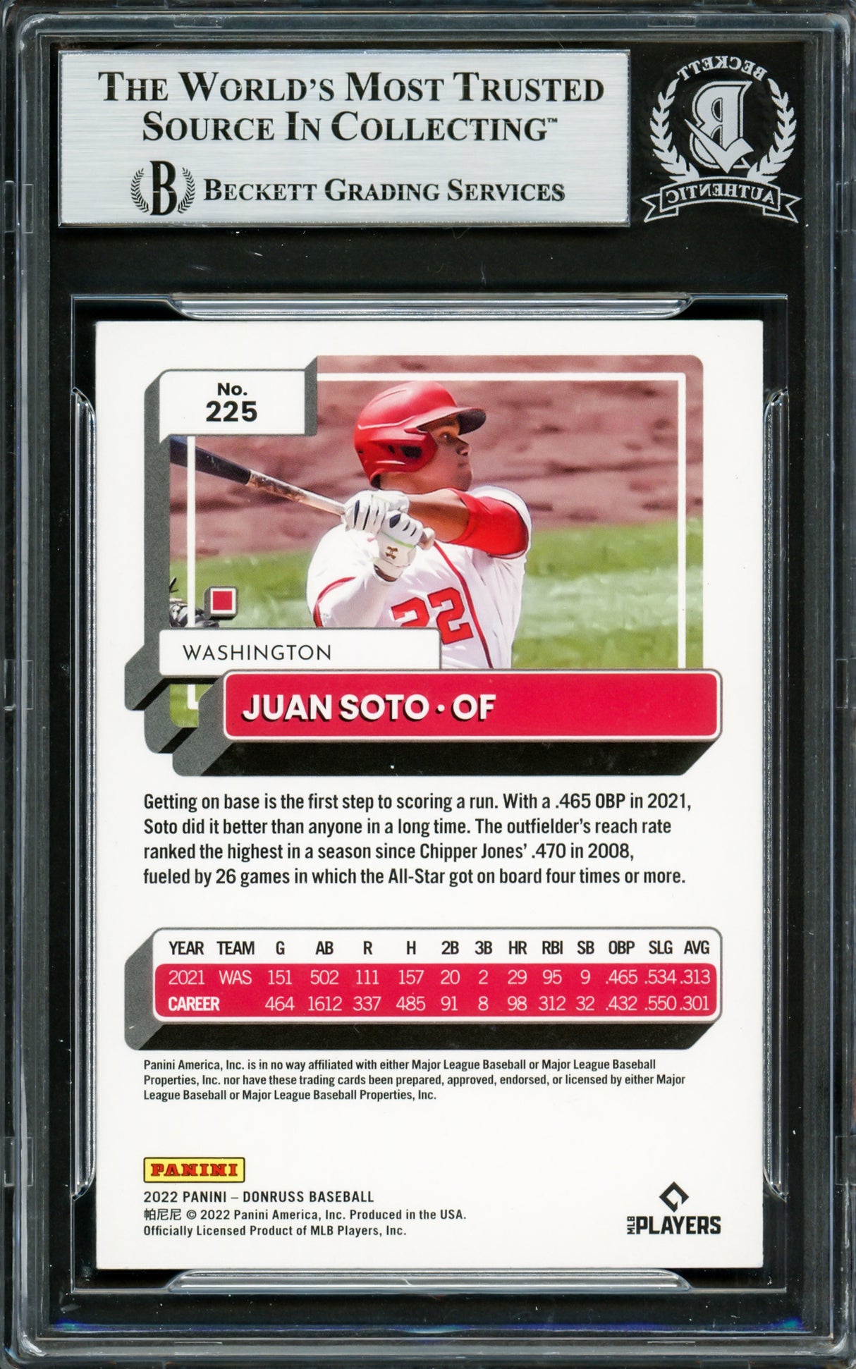 Juan Soto Autographed 2022 Donruss Card #225 New York Mets Beckett BAS #16704830