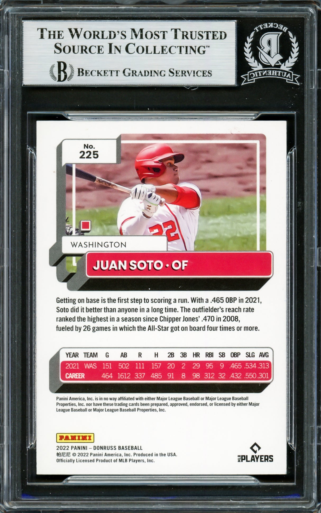 Juan Soto Autographed 2022 Donruss Card #225 New York Mets Beckett BAS #16704831