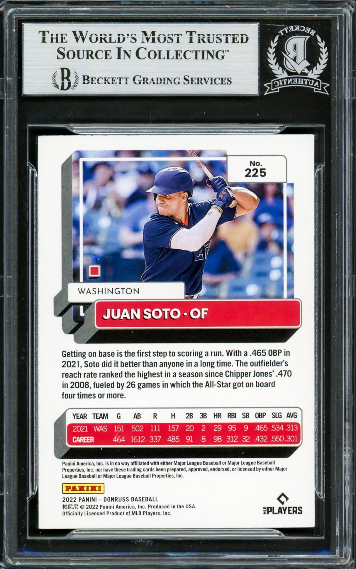 Juan Soto Autographed 2022 Donruss Variations Card #225 New York Mets Beckett BAS #16704845