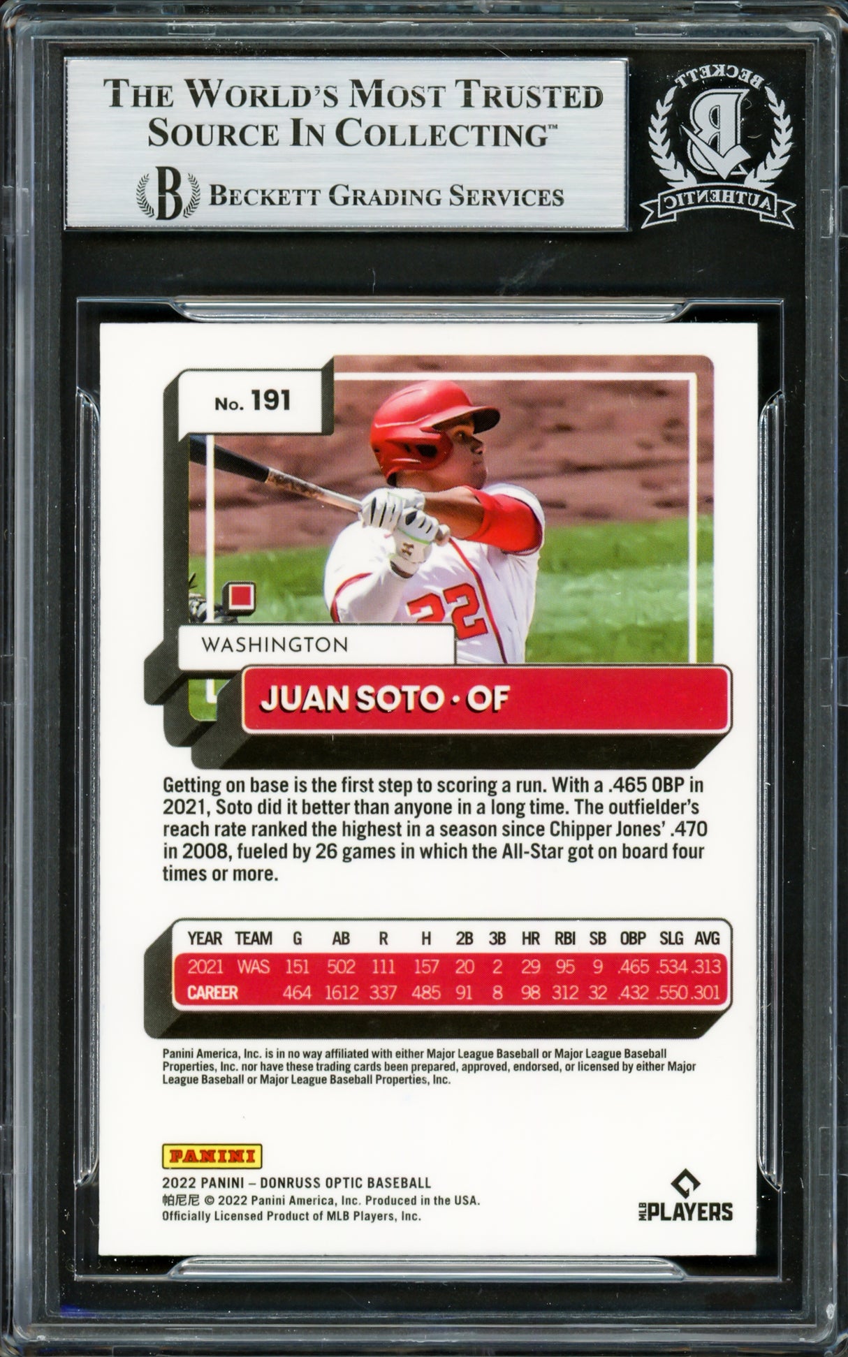 Juan Soto Autographed 2021 Donruss Optic Card #191 New York Mets Beckett BAS #16704865