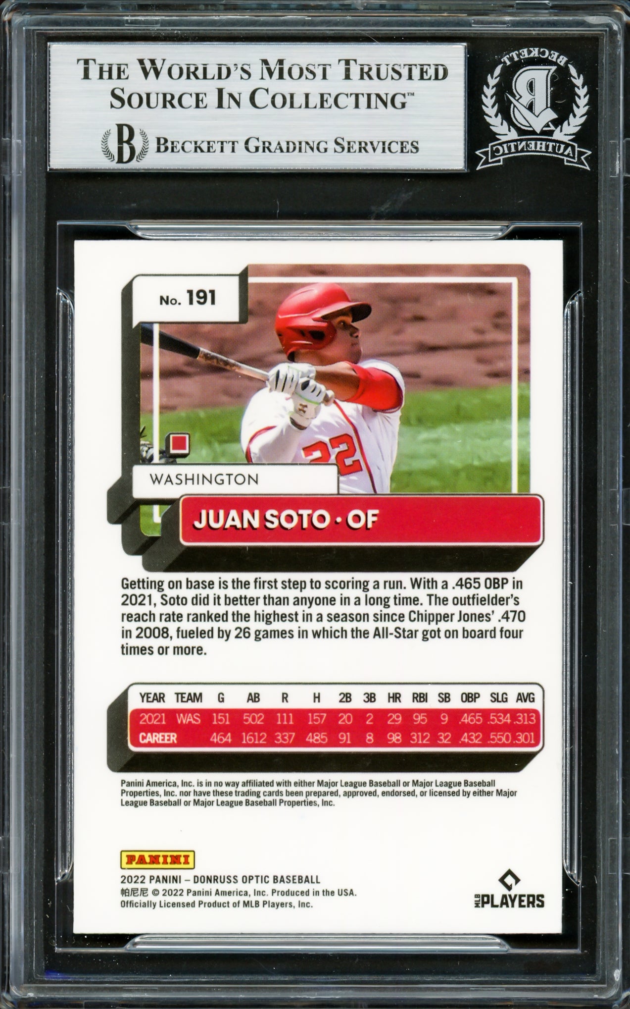 Juan Soto Autographed 2021 Donruss Optic Card #191 New York Yankees Beckett BAS #16704865