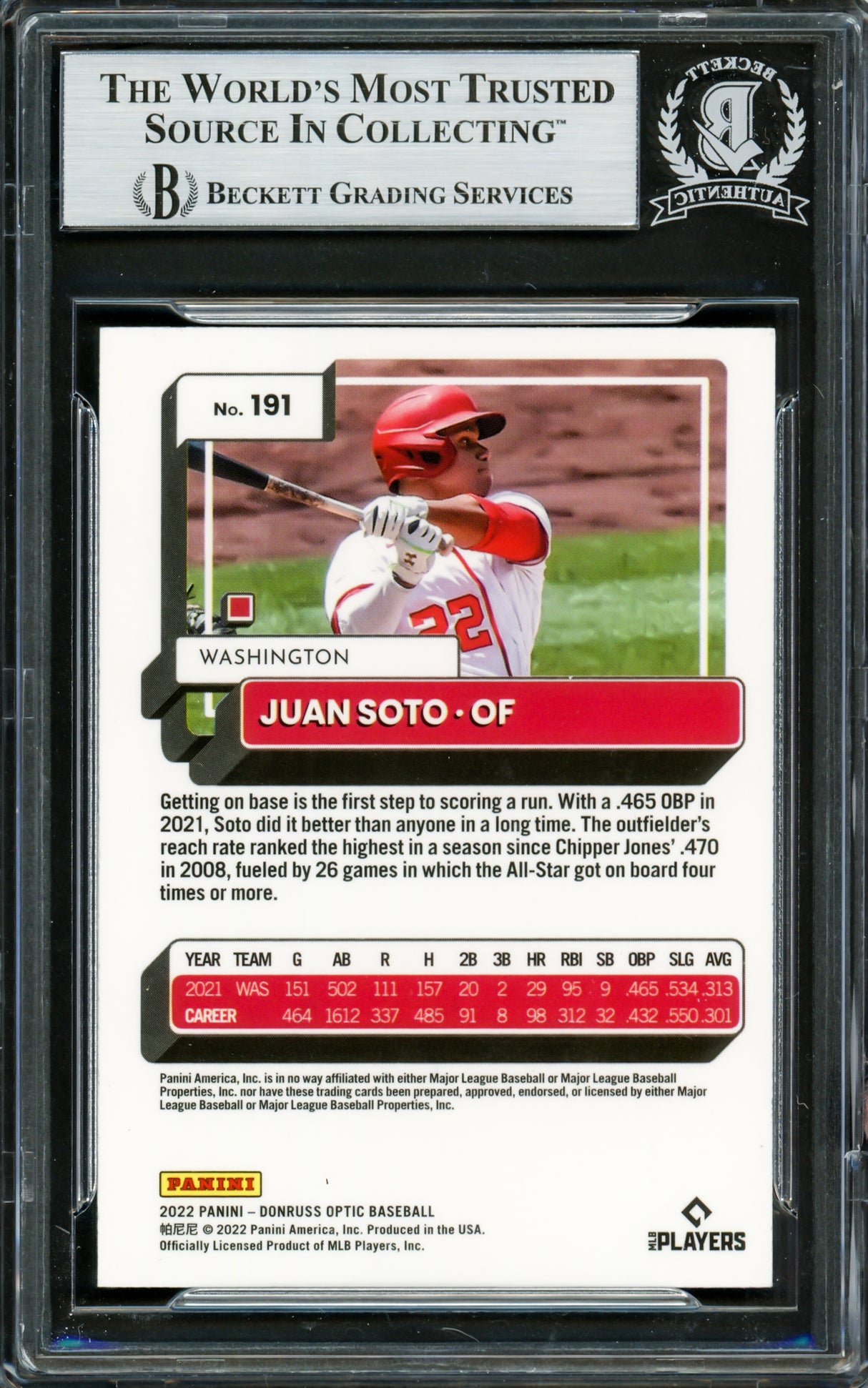 Juan Soto Autographed 2021 Donruss Optic Card #191 New York Mets Beckett BAS #16704866
