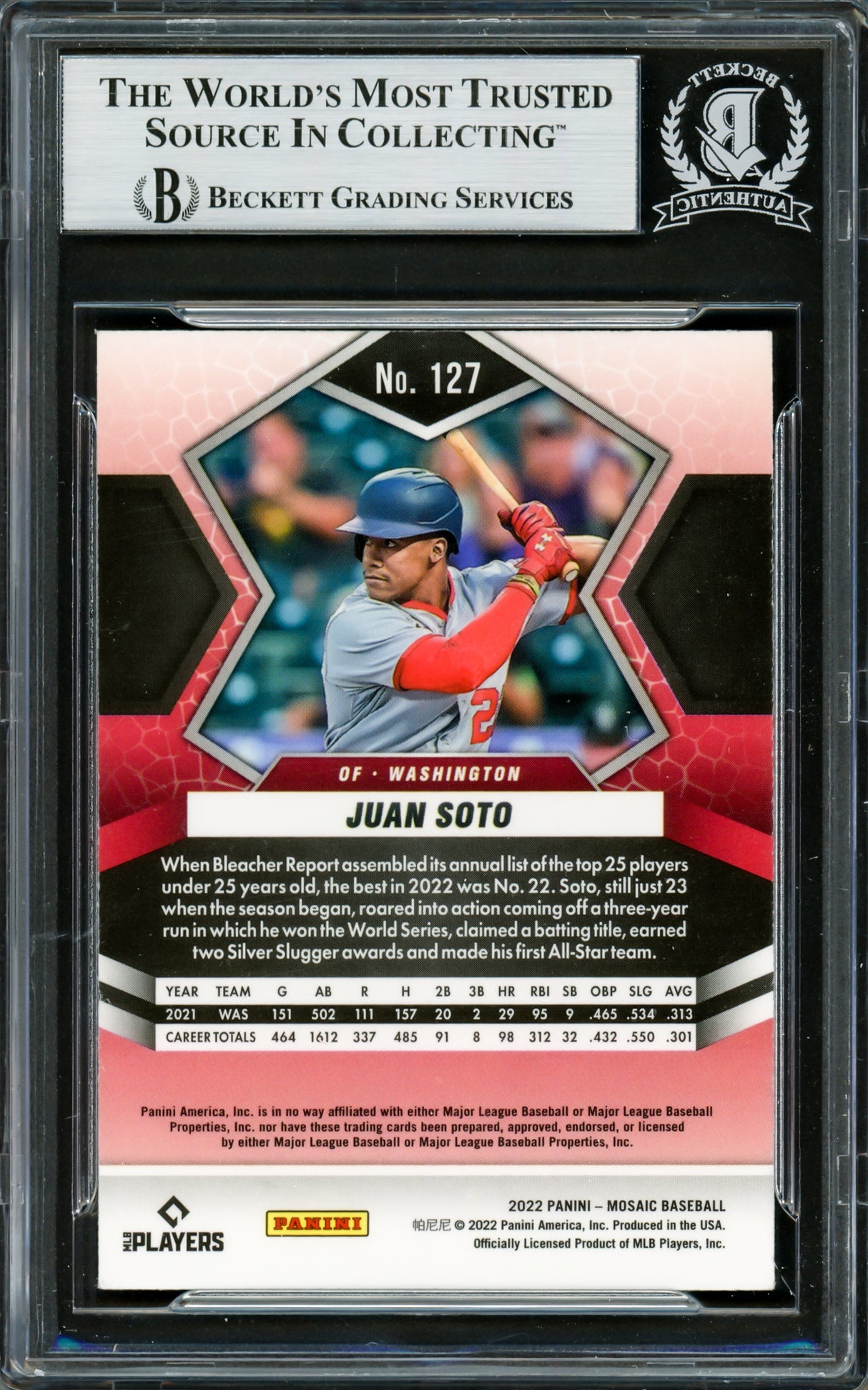 Juan Soto Autographed 2022 Panini Mosaic Card #127 New York Mets Beckett BAS #16704881
