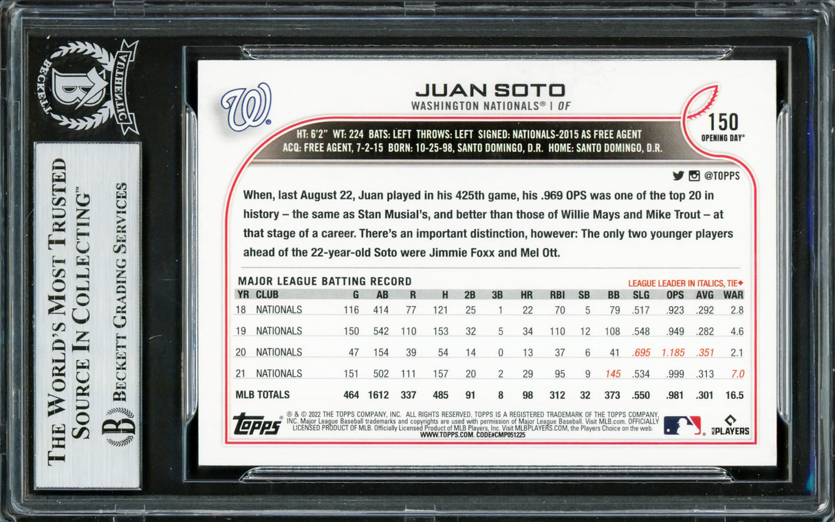 Juan Soto Autographed 2022 Topps Opening Day Card #150 New York Mets Beckett BAS #16704895
