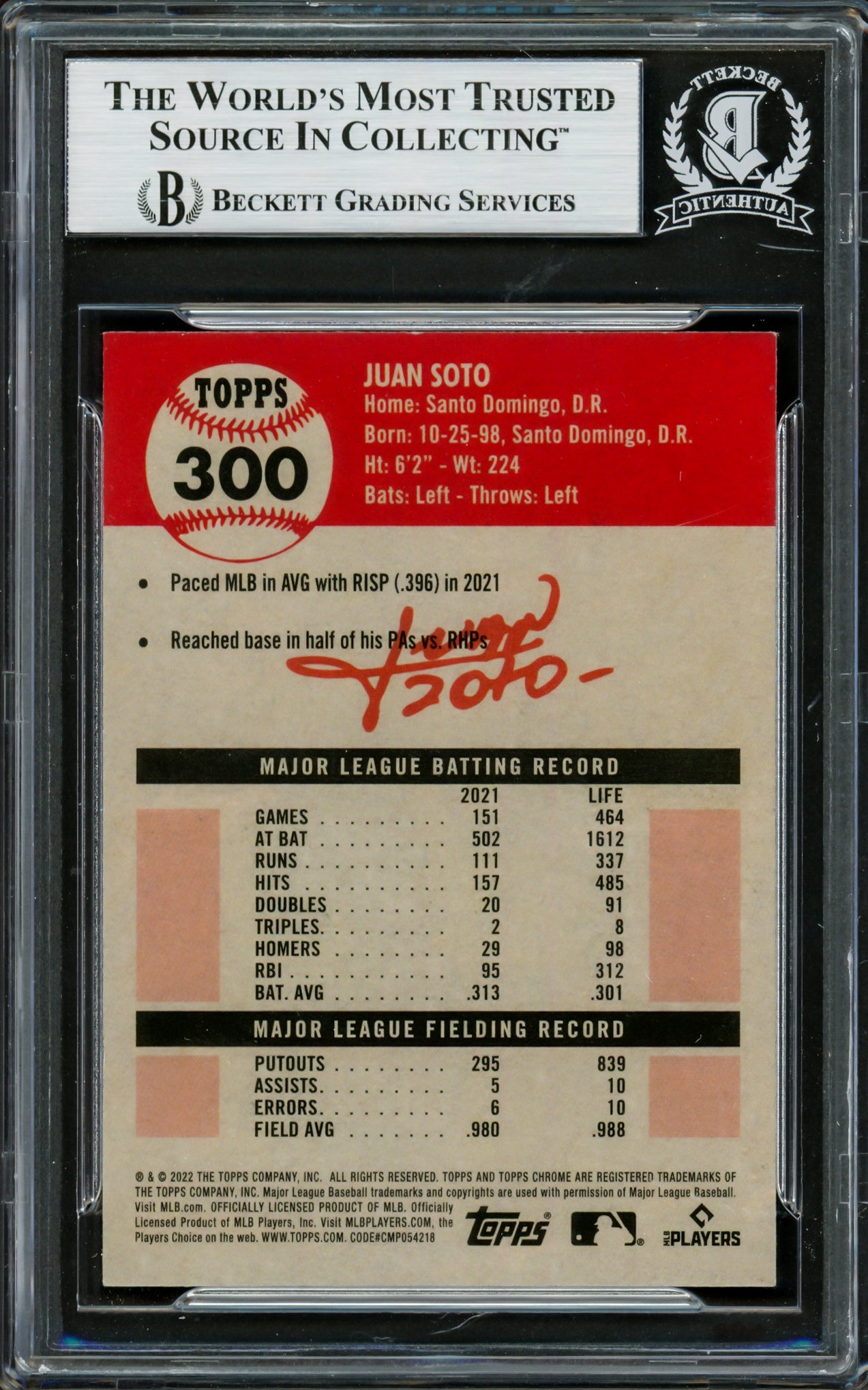 Juan Soto Autographed 2022 Topps Chrome Platinum Card #300 New York Yankees Beckett BAS #16704897