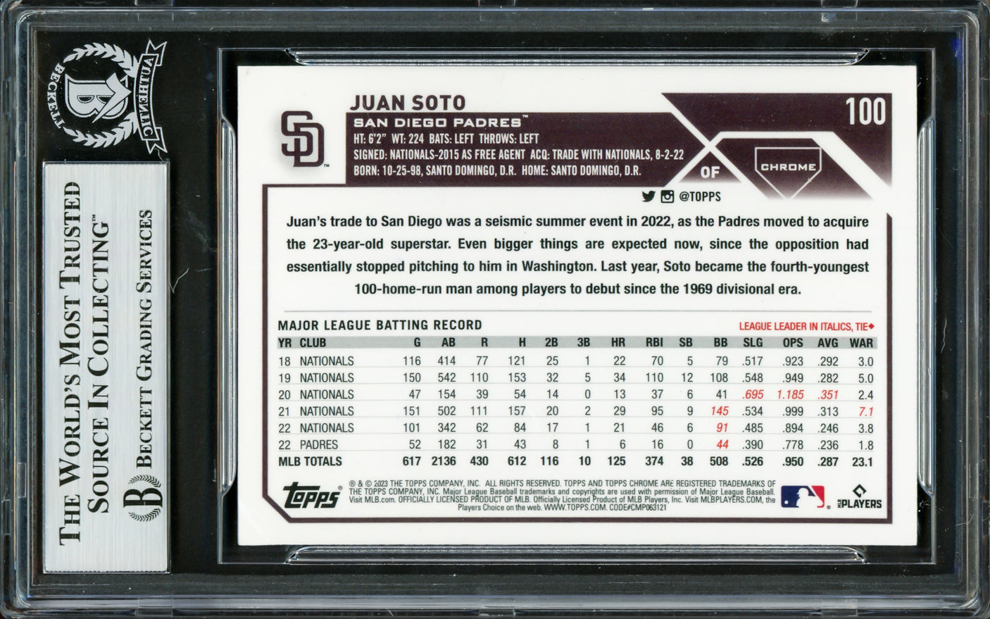 Juan Soto Autographed 2023 Topps Chrome Card #100 New York Yankees Beckett BAS #16704983