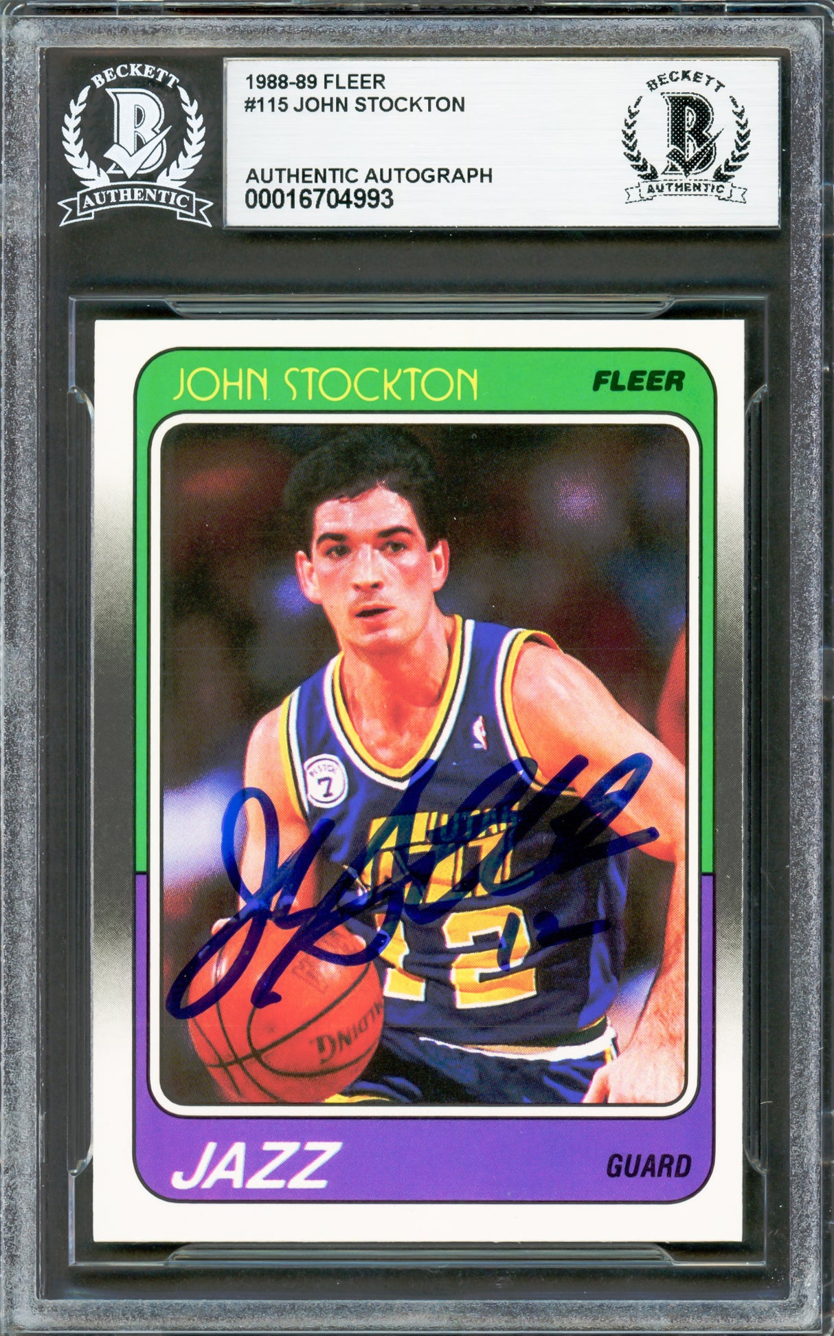 John Stockton Autographed 1988-89 Fleer Rookie Card #115 Utah Jazz Beckett BAS #16704993
