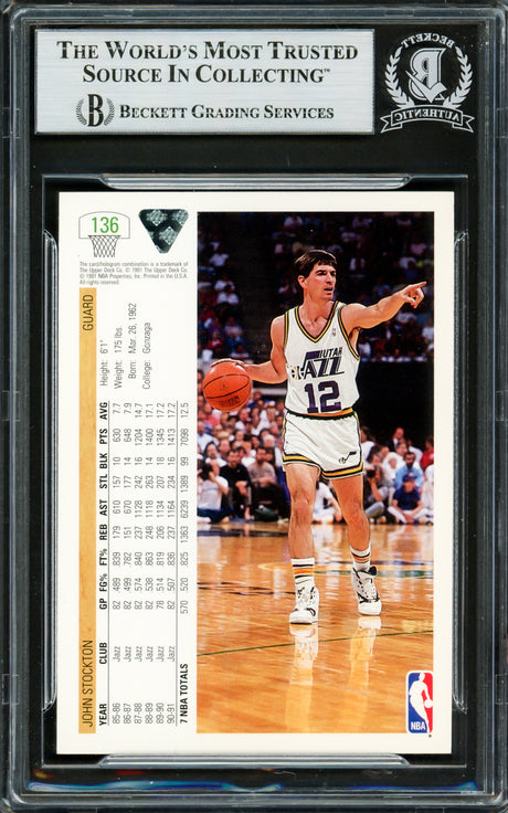 John Stockton Autographed 1991-92 Upper Deck Card #136 Utah Jazz Beckett BAS #16705043