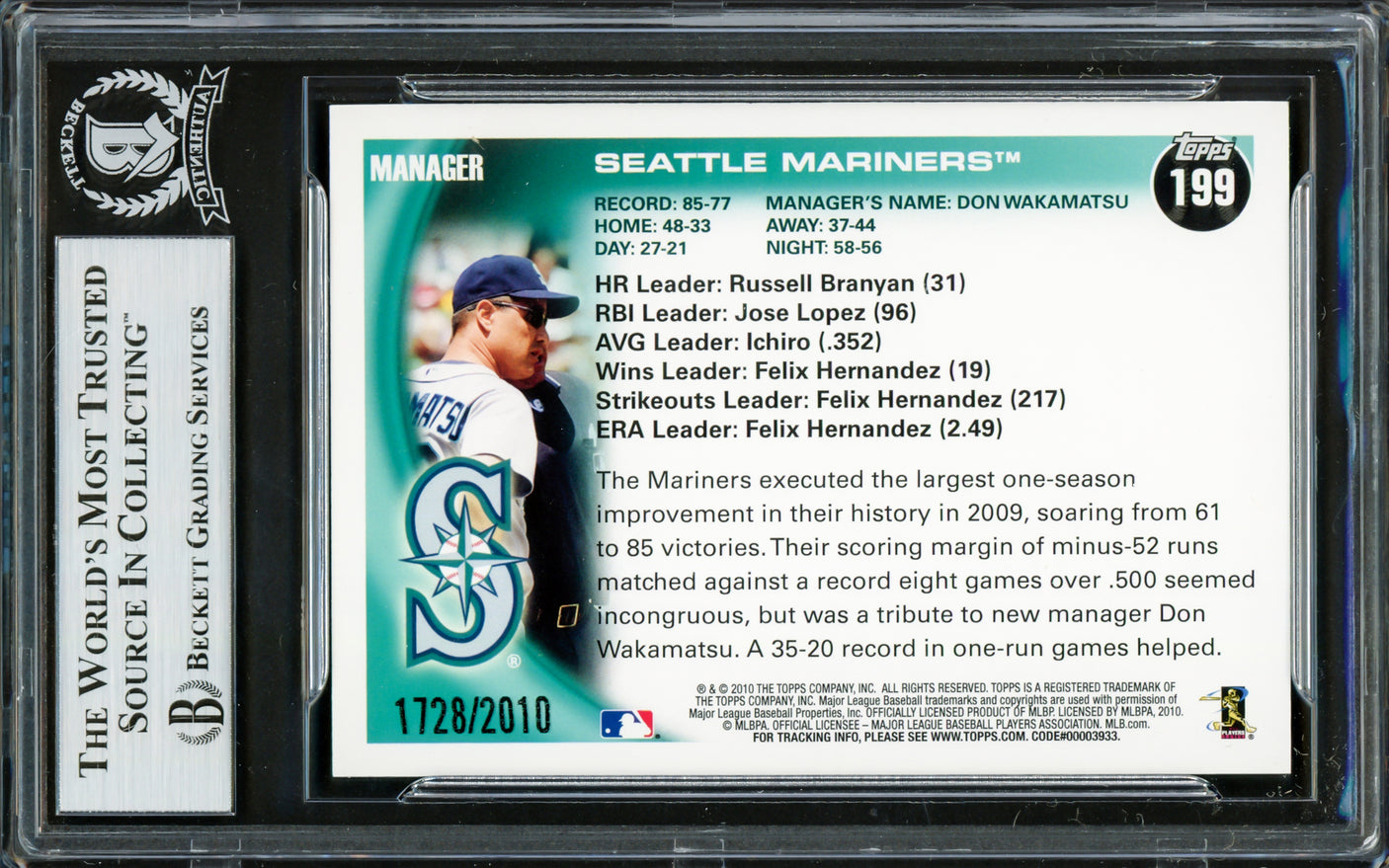 Ichiro Suzuki Autographed 2010 Topps Gold Card #199 Seattle Mariners Beckett BAS #16705092