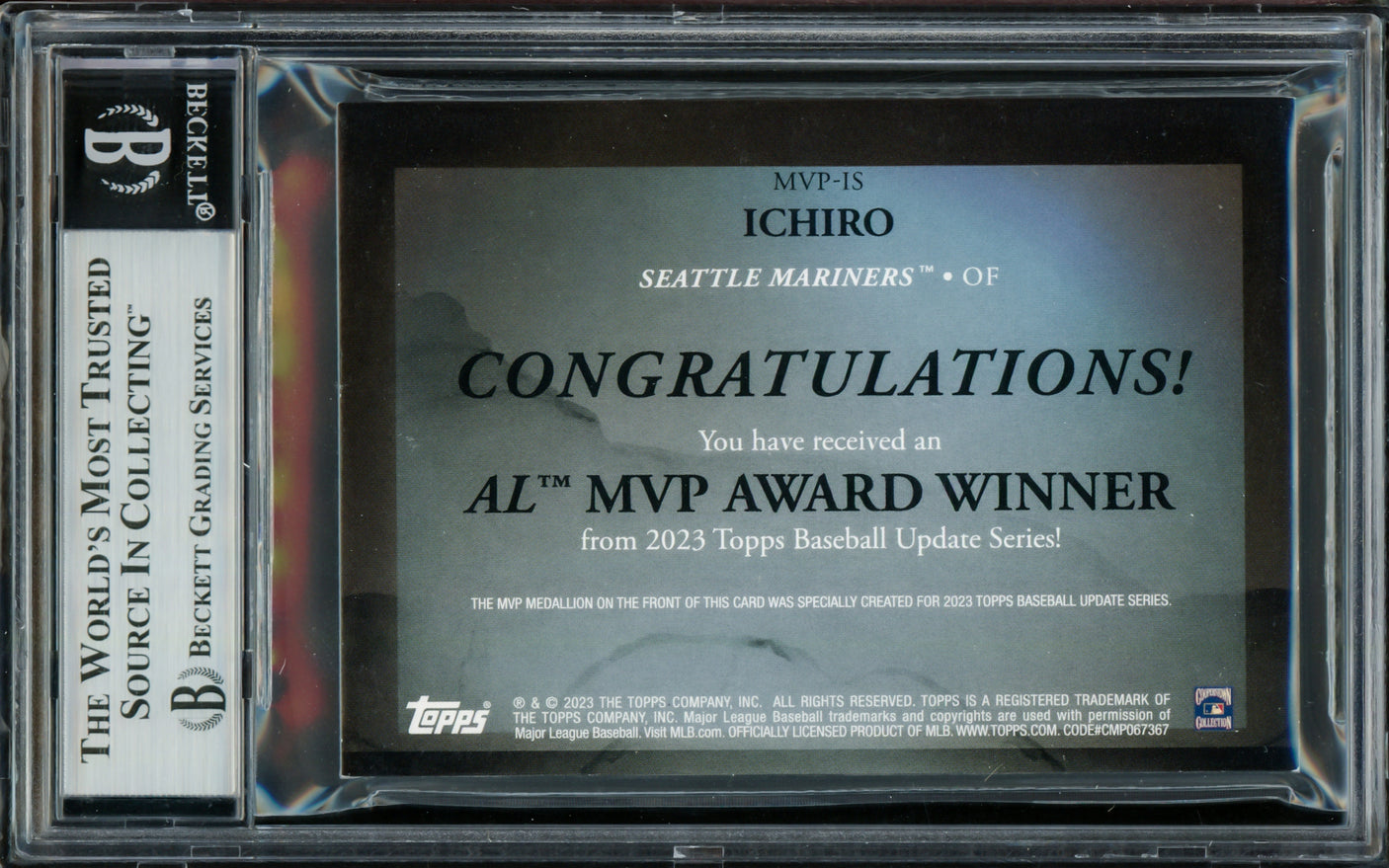 Ichiro Suzuki Autographed 2023 Topps Update AL MVP Winner Card #MVP-IS Seattle Mariners Beckett BAS #16705130