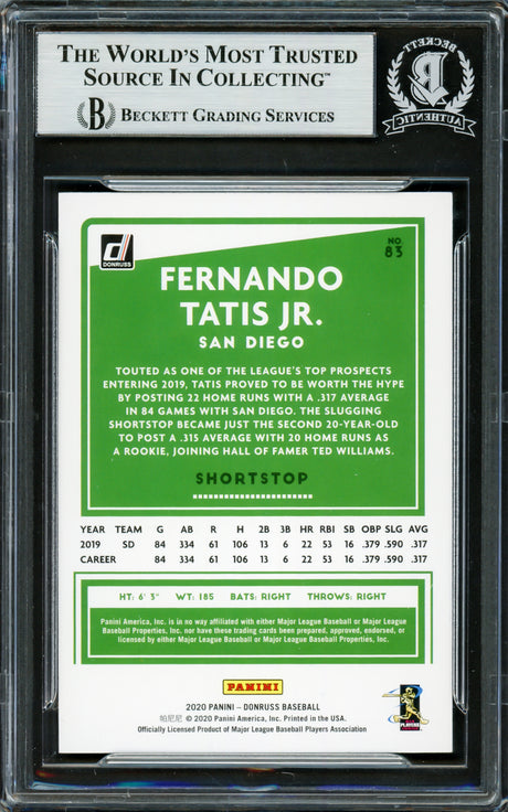Fernando Tatis Jr. Autographed 2020 Donruss Card #83 San Diego Padres Beckett BAS #16705154