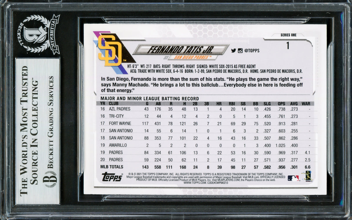 Fernando Tatis Jr. Autographed 2021 Topps Card #1 San Diego Padres Beckett BAS #16705428