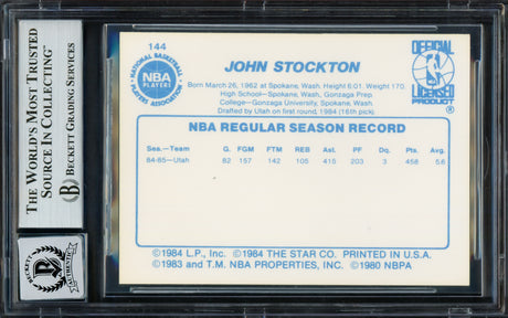 John Stockton Autographed 1985-86 Star Rookie Card #144 Utah Jazz Auto Grade Gem Mint 10 Beckett BAS #16701194