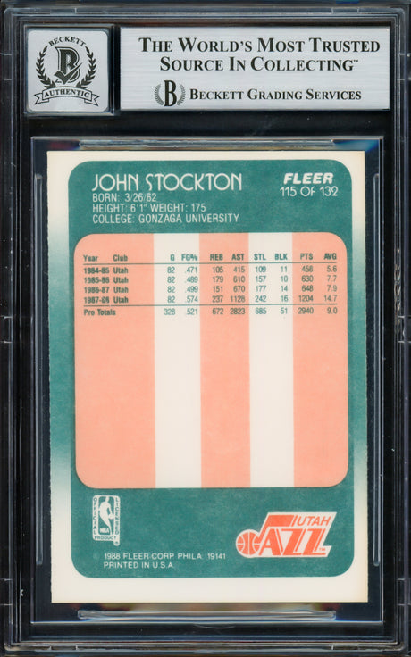 John Stockton Autographed 1988-89 Fleer Rookie Card #115 Utah Jazz Auto Grade Gem Mint 10 Beckett BAS #16703268