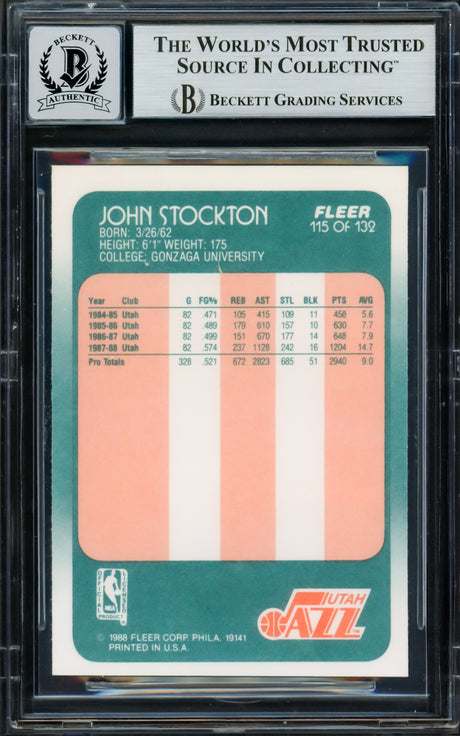 John Stockton Autographed 1988-89 Fleer Rookie Card #115 Utah Jazz Auto Grade Gem Mint 10 Beckett BAS #16703290