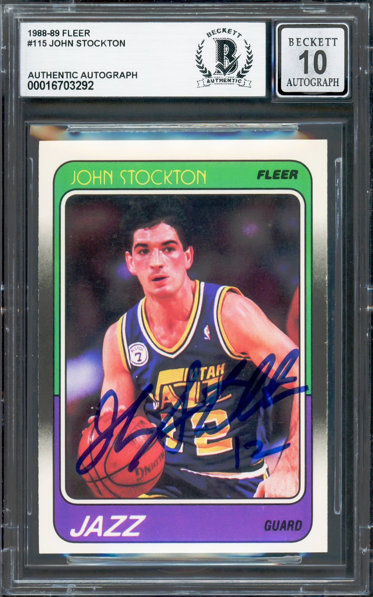 John Stockton Autographed 1988-89 Fleer Rookie Card #115 Utah Jazz Auto Grade Gem Mint 10 Beckett BAS #16703292