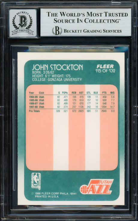 John Stockton Autographed 1988-89 Fleer Rookie Card #115 Utah Jazz Auto Grade Gem Mint 10 Beckett BAS #16703292
