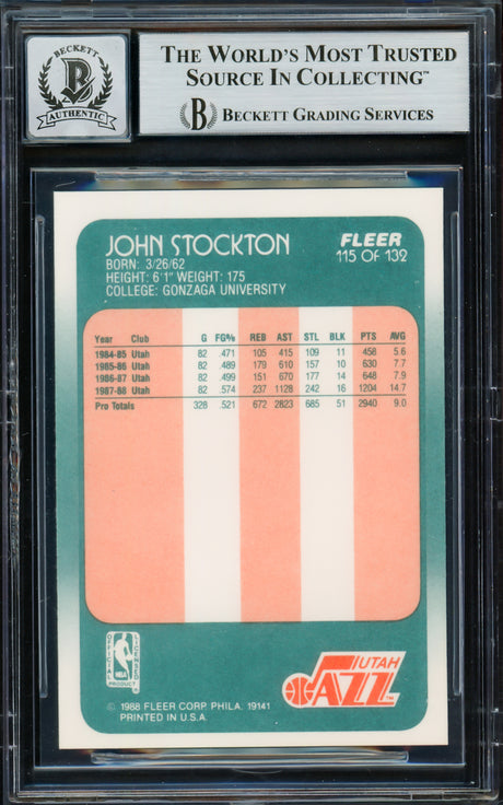 John Stockton Autographed 1988-89 Fleer Rookie Card #115 Utah Jazz Auto Grade Gem Mint 10 Beckett BAS #16703295