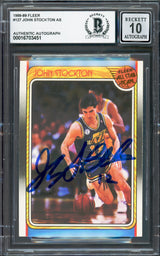 John Stockton Autographed 1988-89 Fleer Rookie Card #127 Utah Jazz Auto Grade Gem Mint 10 Beckett BAS #16703451