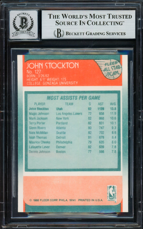 John Stockton Autographed 1988-89 Fleer Rookie Card #127 Utah Jazz Auto Grade Gem Mint 10 Beckett BAS #16703451
