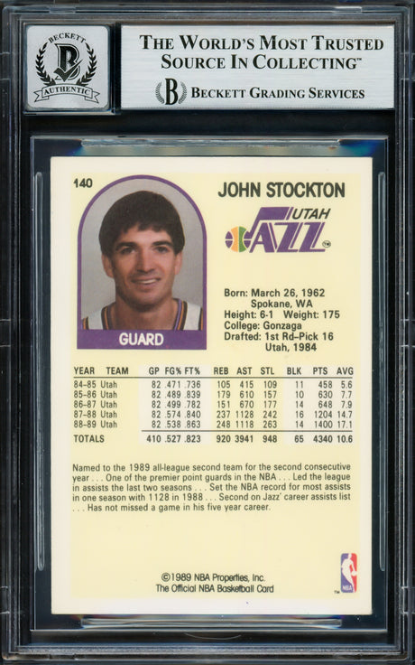 John Stockton Autographed 1989-90 Hoops Card #140 Utah Jazz Auto Grade Gem Mint 10 Beckett BAS #16703465