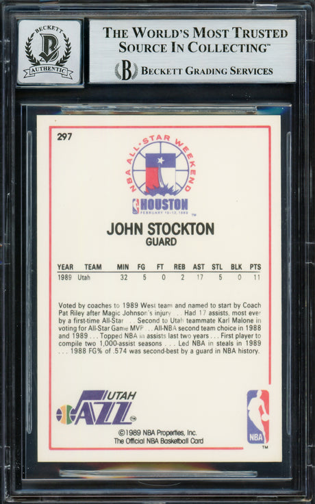 John Stockton Autographed 1989-90 Hoops Card #297 Utah Jazz Auto Grade Gem Mint 10 Beckett BAS #16703470