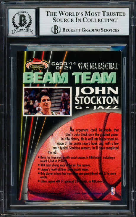 John Stockton Autographed 1992-93 Stadium Club Beam Team Card #11 Utah Jazz Auto Grade Gem Mint 10 Beckett BAS #16703532