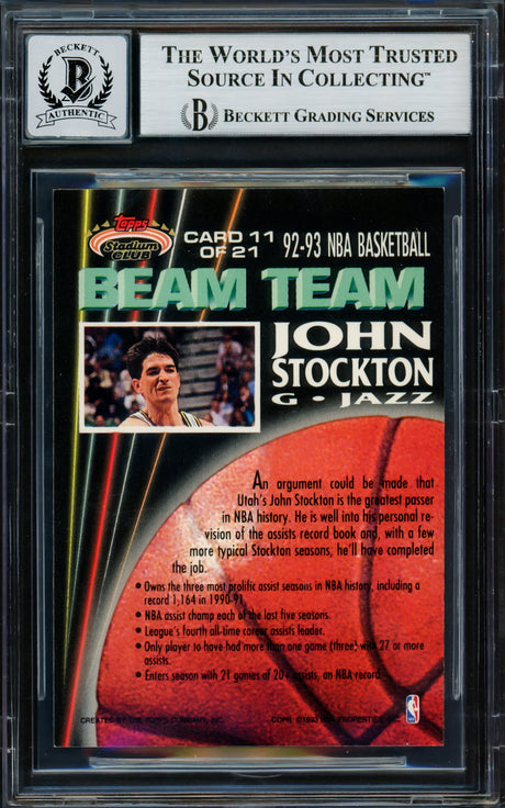John Stockton Autographed 1992-93 Stadium Club Beam Team Card #11 Utah Jazz Auto Grade Gem Mint 10 Beckett BAS #16703534