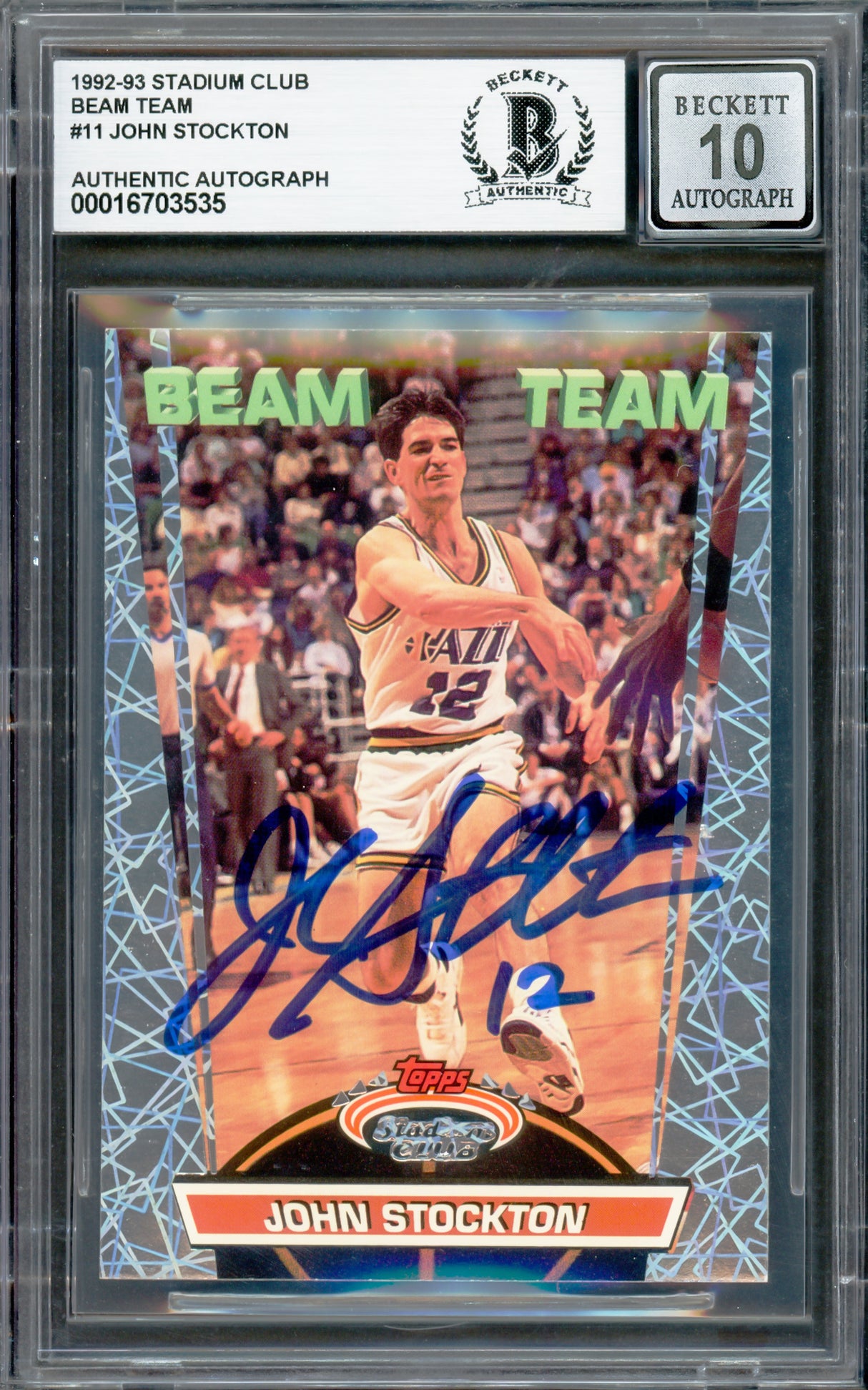 John Stockton Autographed 1992-93 Stadium Club Beam Team Card #11 Utah Jazz Auto Grade Gem Mint 10 Beckett BAS #16703535