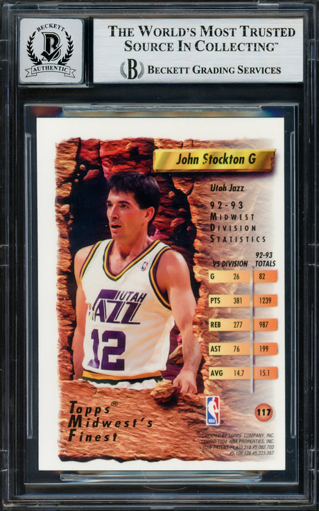 John Stockton Autographed 1993-94 Topps Finest Refractor Card #117 Utah Jazz Auto Grade Gem Mint 10 Beckett BAS #16703539