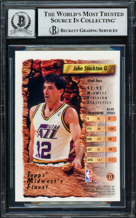 John Stockton Autographed 1993-94 Topps Finest Refractor Card #117 Utah Jazz Auto Grade Gem Mint 10 Beckett BAS #16703540
