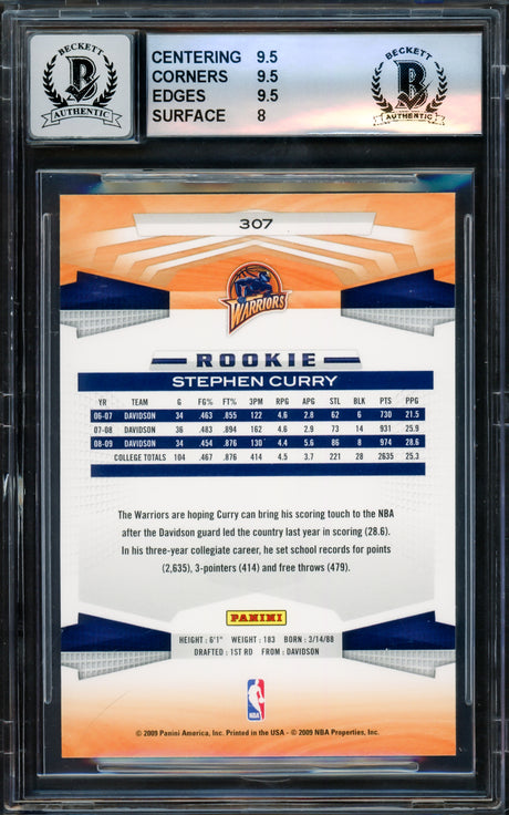 Stephen Curry Autographed 2009-10 Panini Rookie Card #307 Golden State Warriors BGS 9 Auto Grade Gem Mint 10 Beckett BAS #16613846