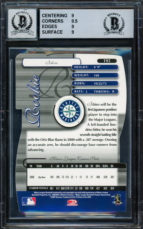 Ichiro Suzuki Autographed 2001 Donruss Elite Status Rookie Card #195 Seattle Mariners BGS 9 Auto Grade Gem Mint 10 "01 ROY/MVP" Beckett BAS #16613816