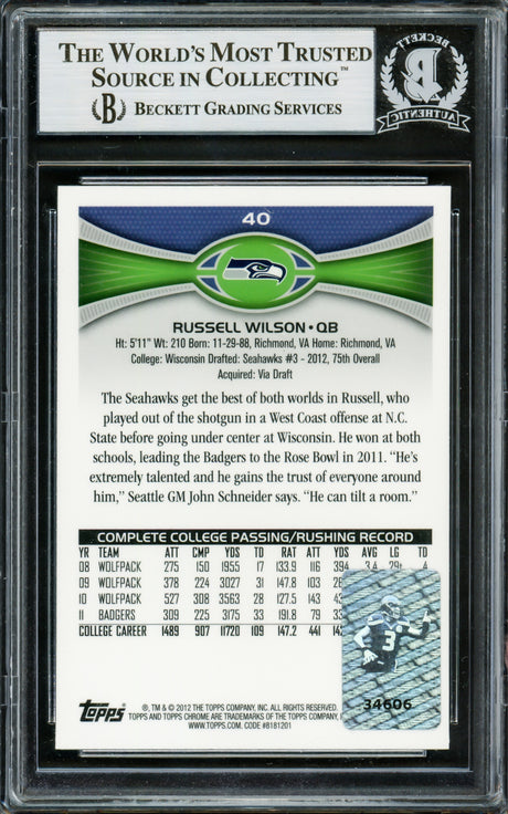 Russell Wilson Autographed 2012 Topps Chrome Rookie Card #40A Seattle Seahawks Beckett BAS #13020970