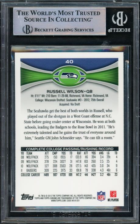 Russell Wilson Autographed 2012 Topps Chrome Rookie Card #40A Seattle Seahawks Beckett BAS #15531354
