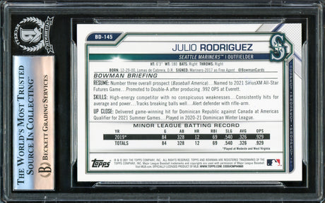 Julio Rodriguez Autographed 2021 Bowman Draft Rookie Card #BD145 Seattle Mariners Beckett BAS #16177362