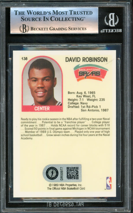David Robinson Autographed 1989-90 Hoops Rookie Card #138 San Antonio Spurs "87 #1 Pick" Beckett BAS #14583587