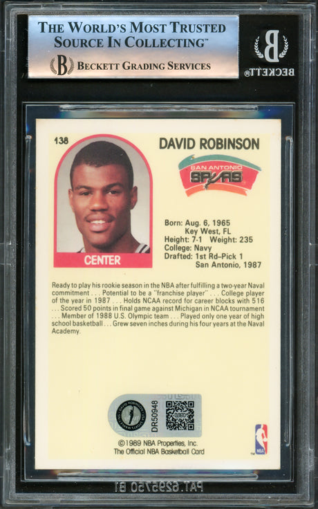 David Robinson Autographed 1989-90 Hoops Rookie Card #138 San Antonio Spurs Beckett BAS #14583669